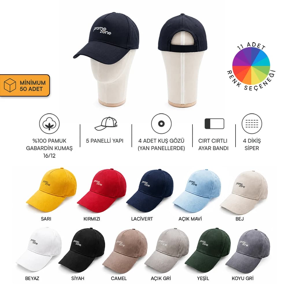 100% Cotton Gabardine Promotional Cap 16/12 โ Velcro Closure, Eyelets
