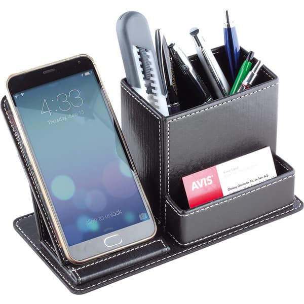 Leather Pen Holder and Business Card Holder with Phone Stand
